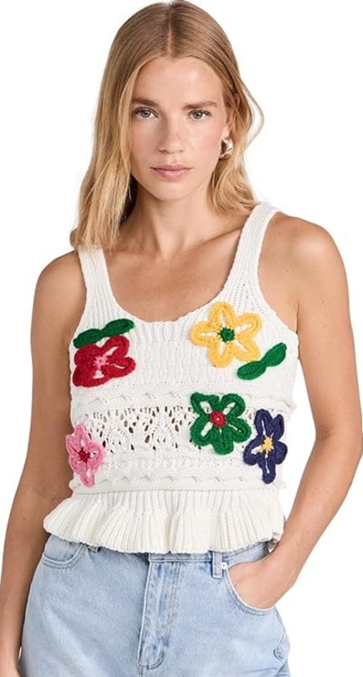 Blank NYC Floral Crochet Crop Tank White Ruffle Hem XS NWT